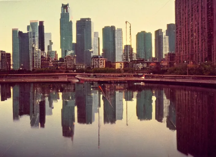 Image similar to retro color photo of a city skyline in the 8 0's. reflections in the water. boats in the water