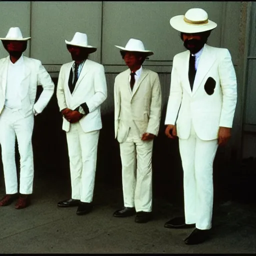 Prompt: a group of men in white suits and hats, a colorized photo by david diao, reddit contest winner, art brut, 1 9 7 0 s, 1 9 9 0 s, freakshow