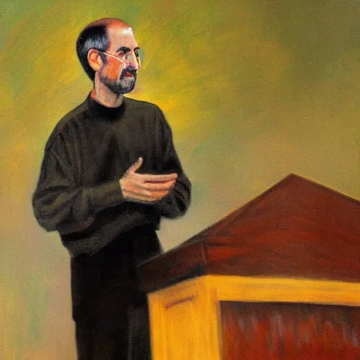 Prompt: impressionist painting of president steve jobs giving a speech