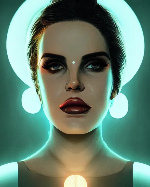 Image similar to portrait of lana del rey as a cyborg. intricate abstract. intricate artwork. by tooth wu, wlop, beeple, dan mumford. octane render, trending on artstation, greg rutkowski very coherent symmetrical artwork. cinematic, hyper realism, high detail, octane render, 8 k, iridescent accents