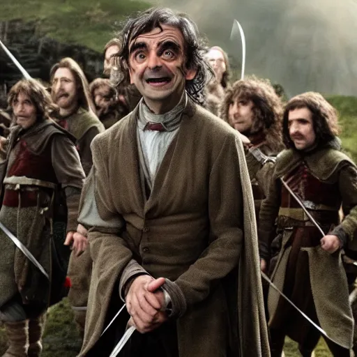 Image similar to Mr Bean as one of the members of the fellowship of the ring with hobbits, elves, and humans in armor, movie still, 4k