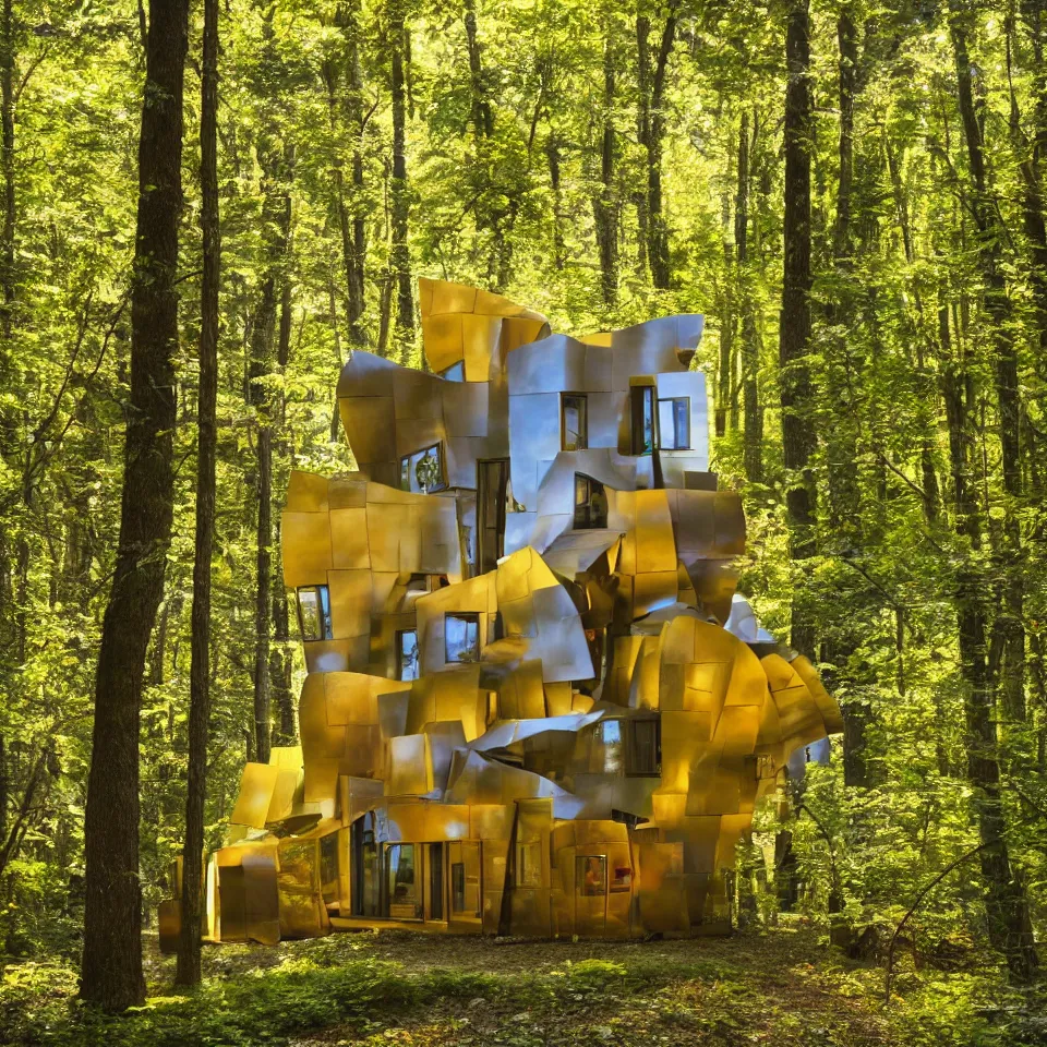 Image similar to a tiny tiny house in a light forest, designed by Frank Gehry. Tiles. Film grain, cinematic, yellow hue