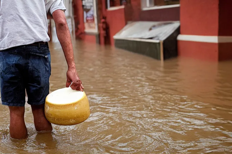 Image similar to closeup portrait of a man carrying a wheel of cheese over his head in a flood in North Terrace in Adelaide in South Australia, photograph, natural light, sharp, detailed face, magazine, press, photo, Steve McCurry, David Lazar, Canon, Nikon, focus