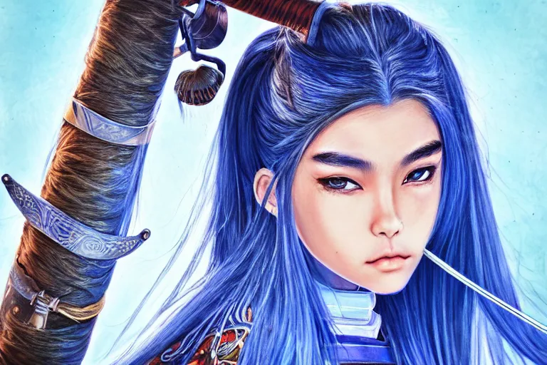 Prompt: highly detailed beautiful photo of madison beer as a young female samurai, swinging her sword, symmetrical face, beautiful eyes, cobalt blue hair, realistic anime art style, 8 k, award winning photo, pastels colours, action photography, 1 / 1 2 5 shutter speed, sunrise lighting