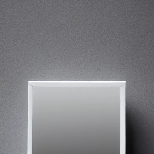 Prompt: a plain white cube looking at its own reflection in a mirror. a plain white cube gazing at itself in a mirror