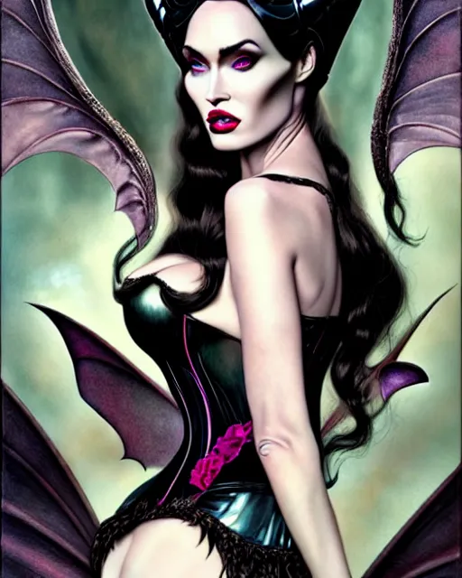 Image similar to new art nouveau portrait of fantasy succubus maleficent megan fox wearing a latex corset, anna dittmann, patrick nagle, charlie bowater and loish. long windblown hair, very large, clear, expressive, and intelligent eyes, ultrasharp focus, dramatic lighting, photorealistic digital matte painting, intricate ultra detailed background.