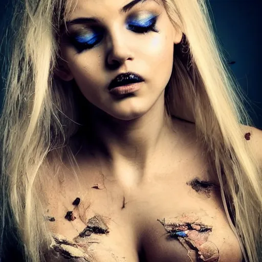 Image similar to astonishingly beautiful woman in tattered clothes revealing body, blonde hair, make up,