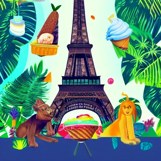 Prompt: eiffel tower surrounded by ice cream in a tropical forest with animals, modern art, mysterious, colorful,