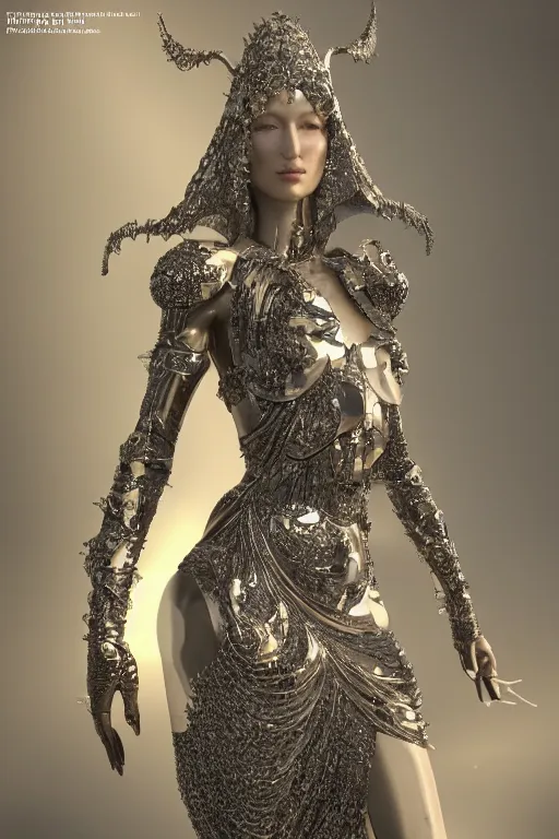 Image similar to a highly detailed medium shot 8 k render of an alien goddess bella hadid in iris van herpen dress schiaparelli armor in diamonds and lots of jewelry in style of alphonse mucha trending on artstation made in unreal engine 4