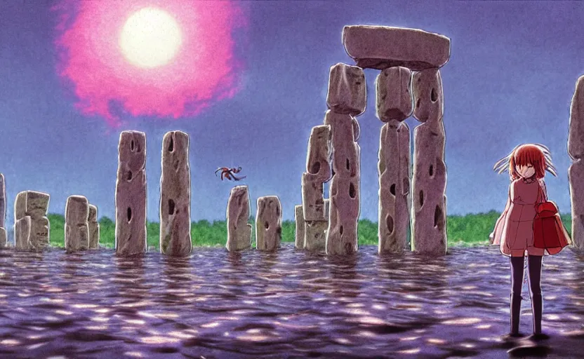 Prompt: a realistic cell - shaded studio ghibli concept art from paprika ( 2 0 0 6 ) of a flying multi - colored octopus from close encounters of the third kind ( 1 9 7 7 ) and a grey long - haired witch in a flooded stonehenge on a misty starry night. very dull colors, wide shot, hd, 4 k, hq