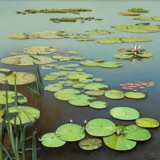 Image similar to Water Lillies in Pond, Watercolor, photorealistic, high resolution, award winning, trending on artstation, intricate, elegant, highly detailed, digital painting, artstation, concept art, smooth, sharp focus, illustration, art by artgerm and greg rutkowski and alphonse mucha