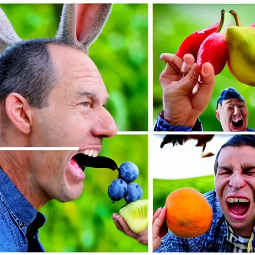 Image similar to a man with a long nose, eating fruits, maniac, idiot, rabbit ears, midshot, camera photography, award winning