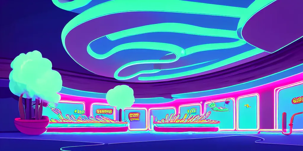 Image similar to minimalistic extreme wide angle curved perspective digital art of sss chubby cotton candy indoor casino, one staircase, with curly plants by anton fadeev, horton hears a who, smoke, neon lights