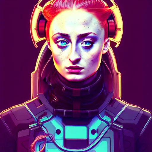 Image similar to high quality high detail portrait of a sophie turner as diesel punk character in an futuristic world, techwear, tristan eaton, victo ngai, artgerm, rhads, ross draws, hyperrealism, intricate detailed, alphonse mucha, pastel colors, vintage, artstation