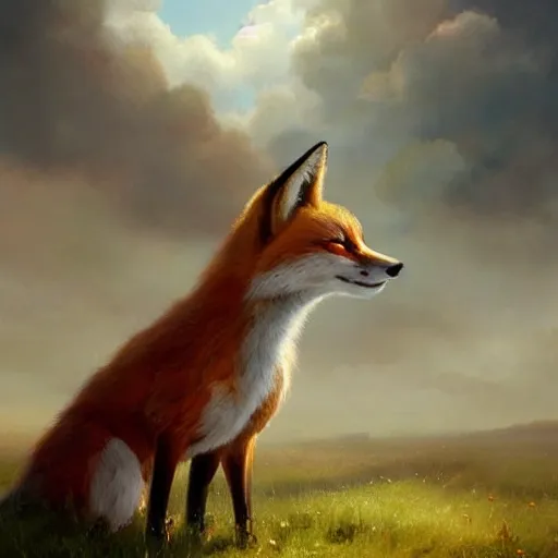 Prompt: the most beautiful realistic picture of a 🦊 surrounded by peaceful clouds by greg rutkowski, trending on artstation, concept art, matte painting, dynamic lighting, realism, happy feeling