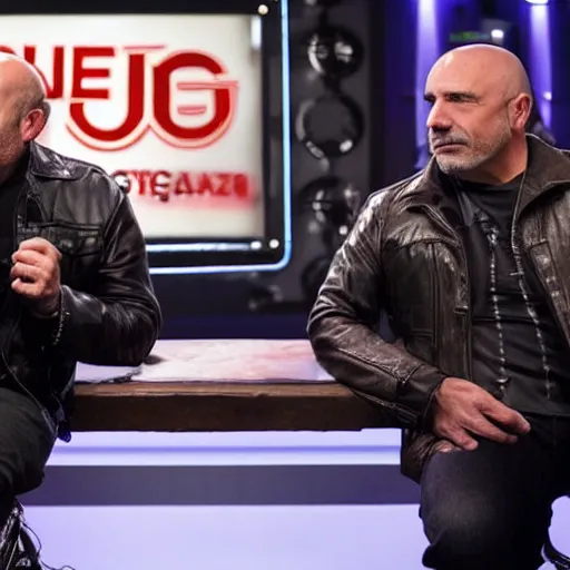 Image similar to a grizzly bear wearing a leather jacket as a guest on the joe rogan podcast