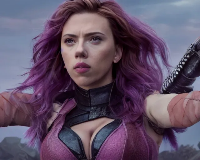 Image similar to Scarlett Johansson in epic knife battle pose, cinematic, 4k, hyper realistic, super detailed, purple hair