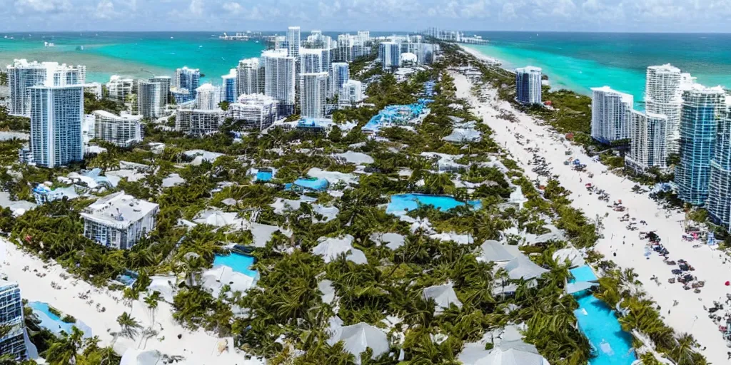 Prompt: wide - angle view of an alien invasion at the shores of miami beach.