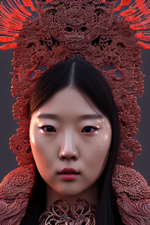 Image similar to 3 d goddess close - up profile portrait. beautiful intricate highly detailed korean gumiho mask and traditional korean hanbok. stingray, magpie, bio luminescent, plasma, lava, ice, water, wind, creature, artwork by tooth wu and wlop and beeple and greg rutkowski, octane 3 d render