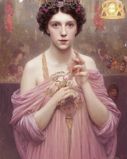 Prompt: a beautiful portrait painting of a shy, blushing princess in a tiara and an iridescent art nouveau gown resembling millie bobby brown watching the lantern festival, intricate, elegant, highly detailed, digital painting, artstation, concept art, by krenz cushart and artem demura and william adolph bouguereau and alphonse mucha