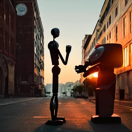 Image similar to a calming photograph of a tall, slender, humanoid robot caresses a beautiful woman in the face, large shot, wide shot, in a street, sunset photo