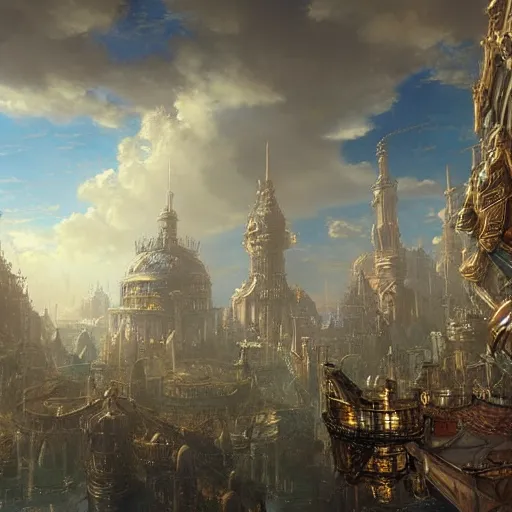 Prompt: enormous flying city in a faberge egg, sky, steampunk, fantasy art, masterpiece, hugh ferriss, unreal engine, andreas achenbach cloudy background, latticework