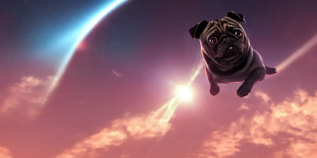 Image similar to pug orbiting the sun, still, photograph, trending on artstation, dynamic lighting, cinematic, highly detailed, sharp focus, space, universe, stars