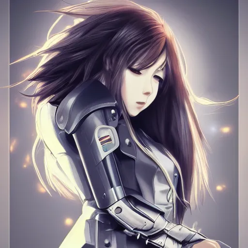 Image similar to girl with jet engines, anime style, long hair, hair down, symmetrical facial features, extremely beautiful face shape, from arknights, hyper realistic, 4 k, rule of thirds, extreme detail, detailed drawing, trending artstation, hd, half cyborg, d & d, realistic lighting, by alphonse mucha, greg rutkowski, sharp focus, backlit