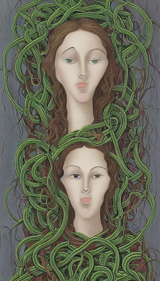 Image similar to very detailed portrait of a 2 0 years old girl surrounded by tentacles, the youg woman visage is blooming from fractal and vines, by charles addams