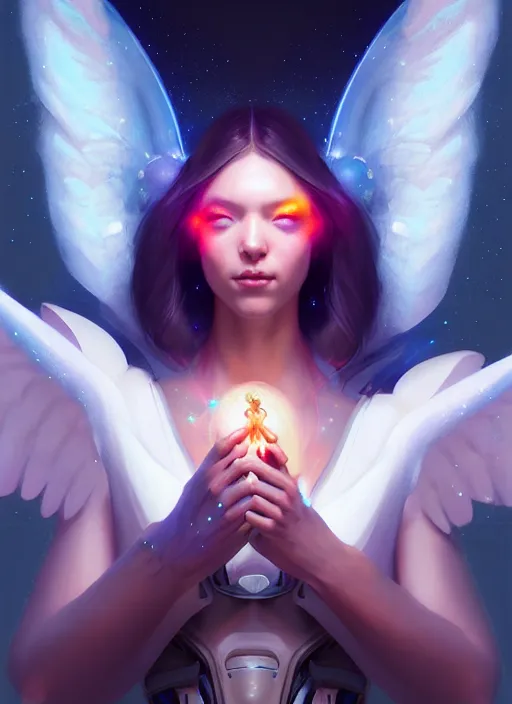 Image similar to portrait of beautiful angel girl with wings like a galaxy in space holding the universe in her hands, cyberpunk, 3 d render, hyper realistic detailed, scifi, fantasy, octane render, concept art, peter mohrbacher, artgerm, ruan jia, wlop, cyberpunk, dynamic lighting