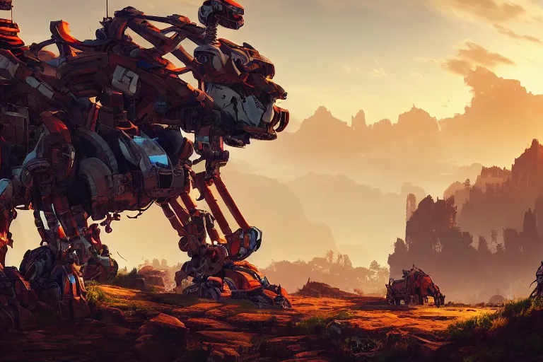 Image similar to rockbreaker machine mecanical creature robot of horizon forbidden west horizon zero dawn radiating a glowing aura global illumination ray tracing hdr fanart arstation by ian pesty and alena aenami artworks in 4 k