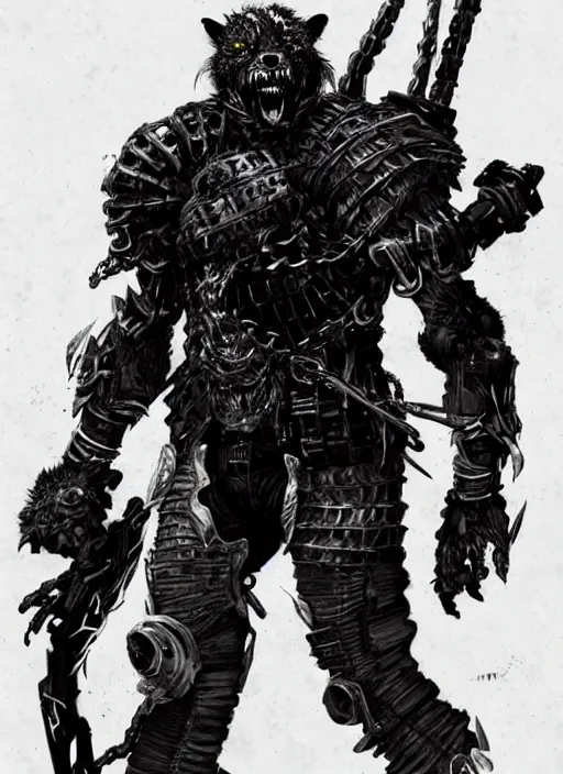 Image similar to Full body portrait of a scary gnoll. Armour made of human skulls. In style of Yoji Shinkawa and Hyung-tae Kim, trending on ArtStation, dark fantasy, great composition, concept art, highly detailed.