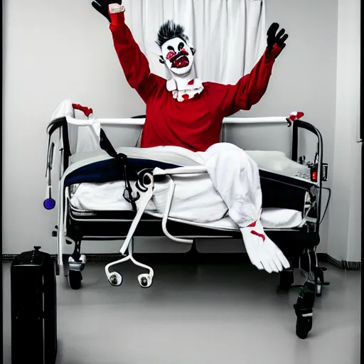 Image similar to crazy clown in hospital bed with wrist restraints on, restraints have fabric straps attached to hospital bed, photograph, 8 k