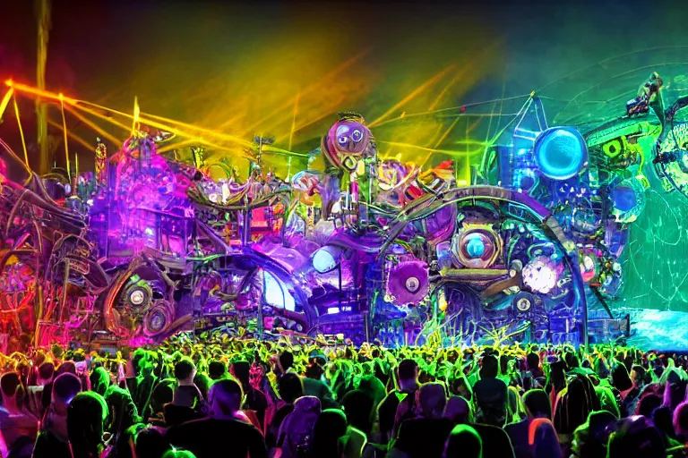 Image similar to an outdoor festival stage with audience, big 3 d letters tripmachine, center of the stage is a big futuristic steampunk machine with gears and belts and tubes, surrounded by big screens and loudspeakers, rock musicians on the stage, laser show, 8 k, fluorescent colors, halluzinogenic, multicolored, exaggerated detailed, unreal engine