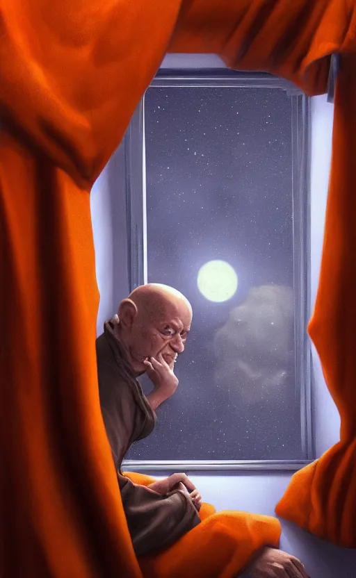 Image similar to portrait of an old monk in a spaceship, looking out the window at a planet, orange robe, dramatic lighting, artstation, matte painting, johannes vermeer