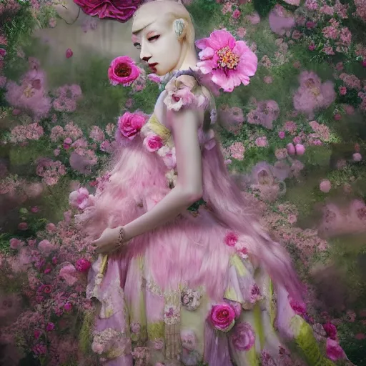 Image similar to 8 k, octane render, realism, tonalism, renaissance, rococo, baroque, cotton candy, creepy young lady wearing long harajuku manga dress with flowers and skulls ( background chaotic flowers )