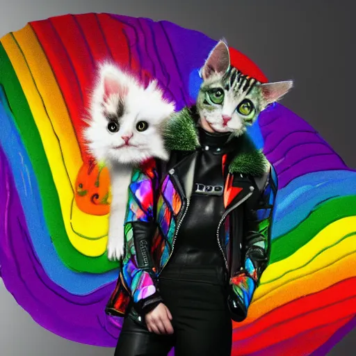 Image similar to wide angle full body, jacket wearing fluffy cute rainbow kitten wearing a black leather motorcycle jacket, cinematic concept art