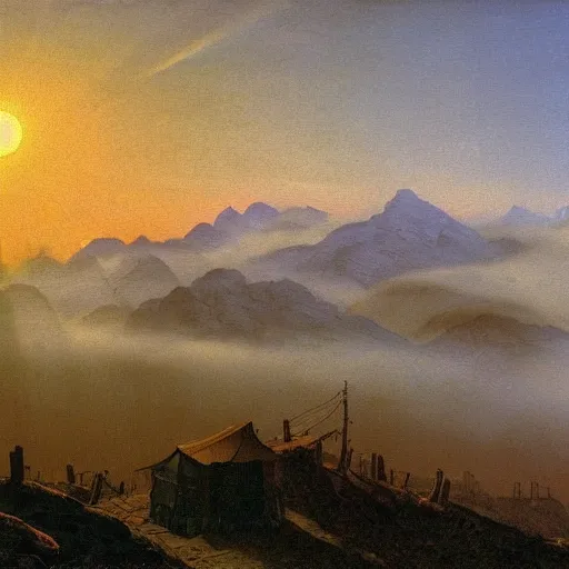 Image similar to mountains above the clouds, village in the mountain, long parallel wooden platforms, tents, colors, misty clouds, sun at dawn, painting by caspar david friedrich