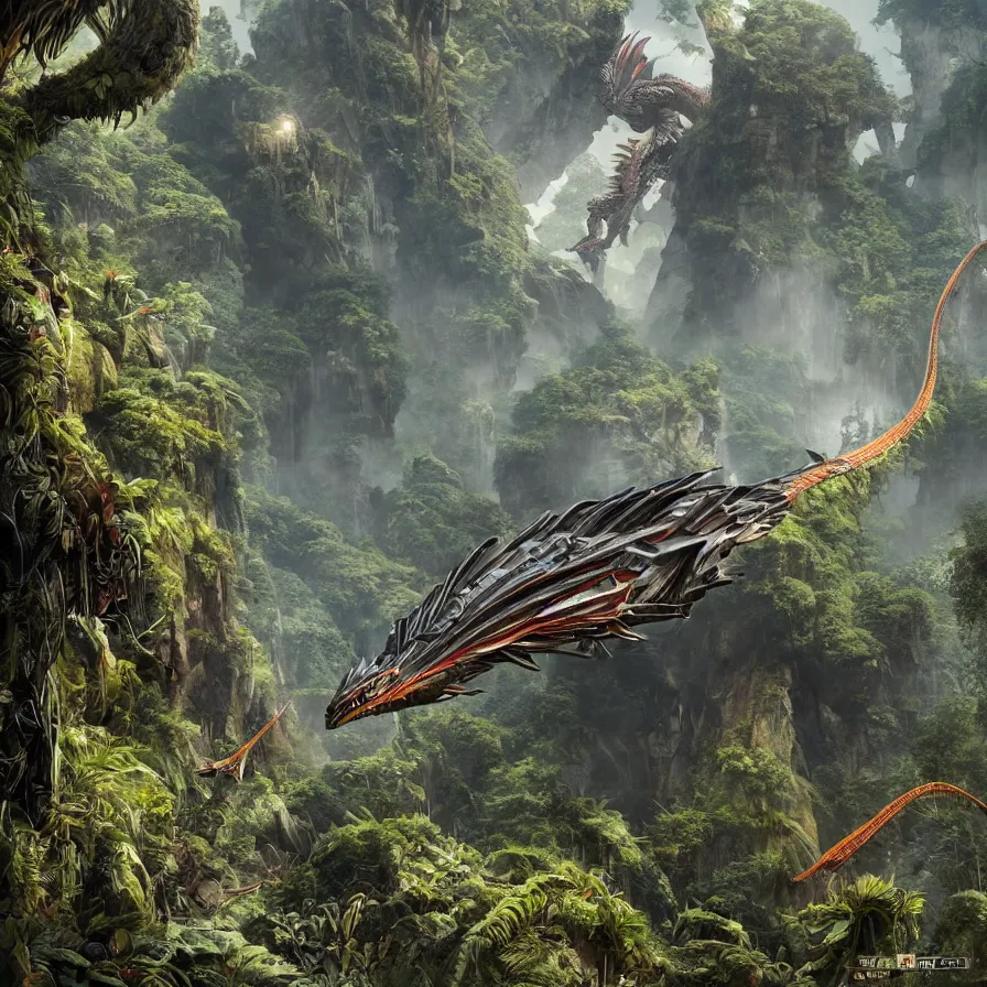 Prompt: hyperrealistic matte painting of futuristic robot quetzalcoatl, dragon, feathered dragon, flying above the jungle by eddie mendoza, jim burns, ed binkley, beeple, 4 k, trending on cgsociety