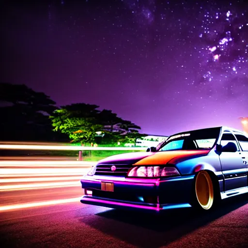 Image similar to a car JZX100 at illegal car meet, Saitama prefecture, long exposure, milkyway, cinematic color, photorealistic, highly detailed