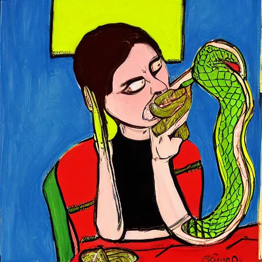 Image similar to A beautiful painting of a snake eating its own tail that seems to go on forever. by Lynda Barry, by Chantal Joffe dreary