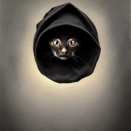 Image similar to a portrait of a kitten wearing a black hood, cloak covering face, anatomically correct, beautiful perfect face, enigmatic, oil painting, matte, black background, Volumetric dynamic lighting, Highly Detailed, Cinematic Lighting, Unreal Engine, 8k, HD, by Beksinski