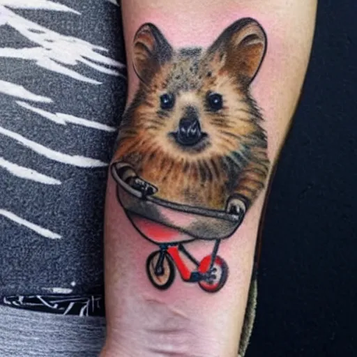 Prompt: a realistic tattoo of a quokka riding a bicycle