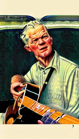 Prompt: portrait of doc watson playing guitar in the style of norman rockwell, photorealistic, award - winning