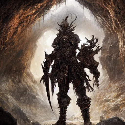 Image similar to A warrior with edgy armor standing in caves made of skulls. sharp focus, extravagant matte painting, highly detailed oil painting, 8k, devastatingly beautiful atmosphere, elegant cinematic fantasy art, overwhelming depth and detail, soft colors, masterpiece