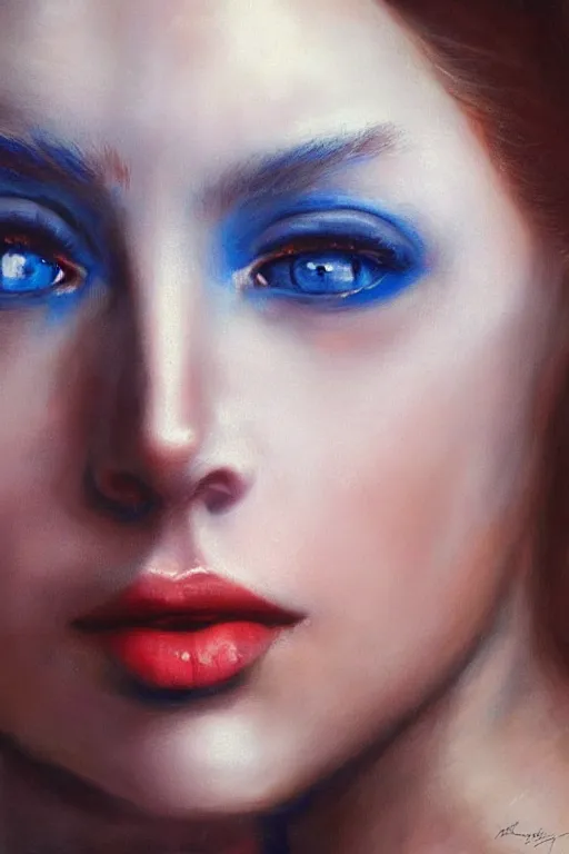 Prompt: hyperrealism extreme close-up portrait of fashion model with blue eyes in blue lighting, silk clothes, dark atmosphere, in style of classicism