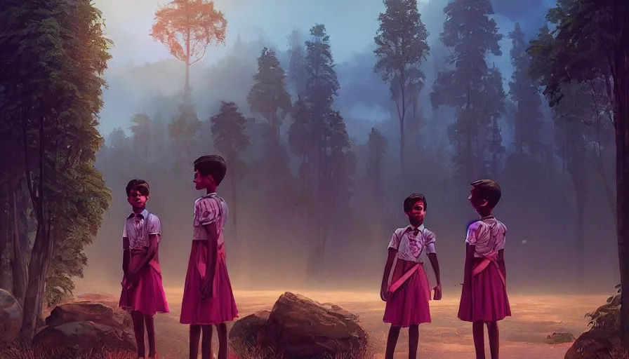 Image similar to kerala school boys wearing girls dresses posing for a photo, an epic fantasy, dramatic lighting, cinematic, establishing shot, extremely high detail, photorealistic, cinematic lighting, artstation, matte painting by simon stalenhag, horizon forbidden west