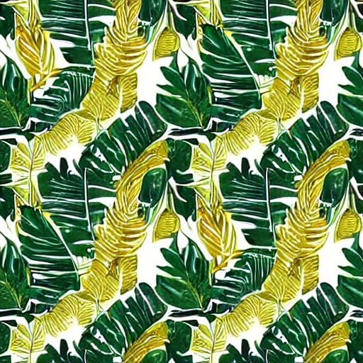 Prompt: repeating pattern seamless. watercolor. tropical palm leaves, warm light, gold and green, hyperrealistic, detailed