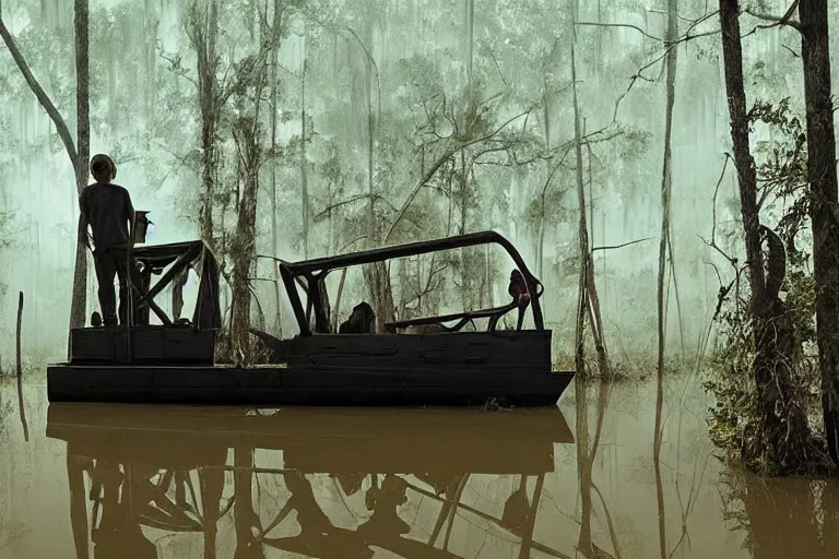 Image similar to scene from louisiana swamps, airboat with neon satanic pentagram, boy scout troop, voodoo artwork by tim eitel