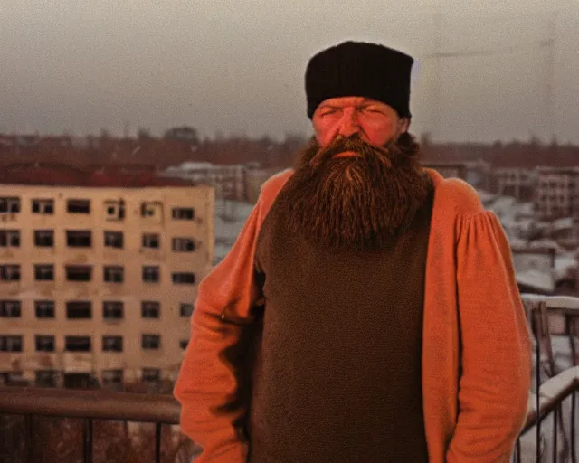 Image similar to lomographic tarkovsky film still of 4 0 years russian man with beard and sweater standing on small hrushevka 9 th floor balcony in taiga looking at sunset, perfect faces, cinestill, bokeh